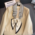 Elegant black and white striped silk scarf with beige borders paired with a beige blazer - Diagonal Stripes Beige & Black (FX-223-Beige & Black)