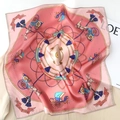 Pink vintage mulberry silk square scarf with classical horse carriage and tassel patterns - Pink