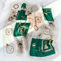 French vintage silk square scarf featuring emerald green motifs and classic golden frames - 53x53 / Green