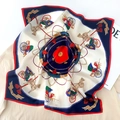 Classic silk square scarf featuring retro carriage and chain prints in navy and cream - Navy Blue
