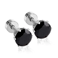 Minimalist pair of round black zircon stud earrings with screw-back stainless steel base - Silver Black Stone (6mmEA60316BS)