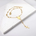 Pulsera de cuentas de acero dorado con icono oval de Virgen María y colgante de cruz - Estilo Cruz Medalla Religiosa Dorada (BR256301G)