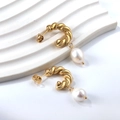 Golden croissant twist stud earrings with white teardrop pearl pendants for women - Spiral Texture Teardrop Pearl Style (EA57360AG)