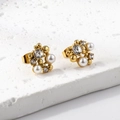 Baroque pearl earrings in gold finish with white crystals and geometric cluster design - Irregular Pearl Rhinestone Cluster Style (EA57380AG)