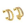 Double layer gold C-shaped earrings with round beads and inlaid cubic zirconia stones - Gold + White Zirconia (EA31640AG)