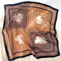 Brown silk square scarf with paisley and vintage knight pattern on beige shirt - 53*53cm / Brown