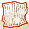 Orange silk square scarf with vintage chain patterns and brown vertical stripes - Beige