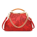 Vintage red embossed leather evening bag with golden lotus carp patterns and wood handle - Burgundy