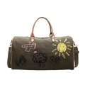 Army green large canvas travel bag with sunflower graffiti and brown leather handles - Green