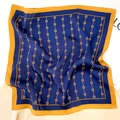 Navy blue silk square scarf with luxury golden horsebit and vintage stripe pattern - Navy Blue
