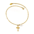 Elelegantes 18K vergoldetes Fußkettchen mit Kreuzanhänger und Perle auf Weiß - Kreuz Perle Stil (AN11640AG)
