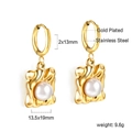 Detailed view of gold plated stainless steel hoop earrings with white pearl pendants - Gold Square Frame Pearl Style (EA58410AG)