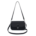 Black small square shoulder bag featuring woven texture flap and silver metal ring - Black
