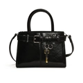 Retro black patent leather handbag with gold key charm and buckle strap decor - Black