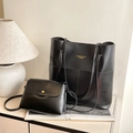 Set di borse tote in pelle nera retrò per donna con grande borsa a secchiello e tracolla - Nero