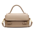 Elegant beige lychee texture leather handbag with gold buckles and detachable strap - Khaki