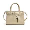 Cream white structured handbag with decorative buckle and golden key pendant - White
