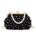 Borsa da sera nera con fiori di pizzo, perle bianche, manico di perle e catena dorata - Nero