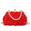 Elegante pochette da sera rossa con rose 3D, manico di perle e catena metallica oro - Rosso