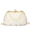 Elegante borsa da sera in pizzo crema con fiori 3D e tracolla in perle finte - Bianco