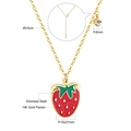 Detail of strawberry pendant necklace in gold plated stainless steel with size specs - Strawberry