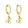 Polished gold cherry charm hoop earrings with detailed leaves on a white background - Gold Cherry Style (EA580701G)