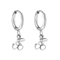 Polished silver stainless steel hoop earrings featuring a cute cherry fruit pendant charm - Silver Cherry Style (EA580701S)