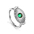 Silver retro ring with green gemstone center and oval sunburst texture detail - US 6 / Silver Sun Green Gem Style (RI1321J6-9S)