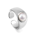 Minimalist silver metal open ring featuring a round white pearl and adjustable wide band - US 6 / Silver Open Pearl Style (RI132306-9S)