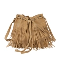 Borsa a secchiello in camoscio marrone stile boho con frange lunghe e chiusura a coulisse - Cachi