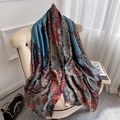 Blue paisley print silk scarf draped on armchair with elegant vintage pattern detail - 90*180cm / Royal Blue
