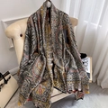 Elegant paisley silk scarf draped on an armchair featuring vintage red and gold patterns - 90*180cm / Gray