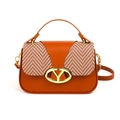Brown leather handbag with herringbone fabric flap and golden Y-shaped buckle closure - Brown