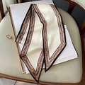 Macro view of patterned silk twilly scarf with golden chains and sleek black borders - Beige