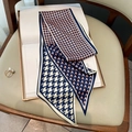 Houndstooth twilly silk scarf in navy pink and beige with a pearl buckle ornament - 15*150cm / Blue Pink