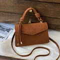 Brown frosted suede small square handbag with knotted handle and V-shaped flap cover - Brown