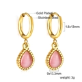 Gold plated stainless steel hoop earrings featuring teardrop pink stone pendants - Pink Drop Style (EA57280FG)