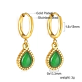 Gold plated stainless steel hoop earrings with green teardrop stone pendants - Green Drop Style (EA57280JG)