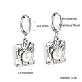 Irregular liquid metal silver square earrings with pearl drop in stainless steel - Silver Square Frame Pearl Style (EA58410AS)