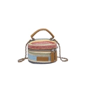 Rainbow striped straw bucket bag with leather handle and silver chain strap for women - Brown