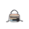 Multicolor striped woven straw bucket bag with black top handle and chain strap - Black