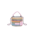 Mini multi-color woven straw bucket bag with pink leather handles and chain strap - Pink