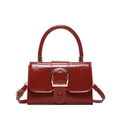 Retro wine red glossy leather crossbody bag with elegant gold square buckle detail - Red