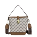 Grey monogram bucket bag with brown leather trim and stylish wide fabric shoulder strap - Khaki