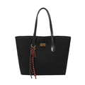 Schwarze Shopper-Tasche in Matt-Optik mit goldenem Logo-Schild und bunten Web-Anhängern - Schwarz
