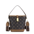 Deep brown and caramel monogram bucket bag with vintage printed patterns and wide strap - Star Coffee