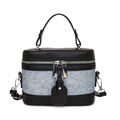 Retro box handbag in black leather and light blue denim patchwork with dual zippers - Black with Blue