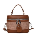 Vintage two-tone brown box bag with faux leather拼接and silver zip detail - Brown