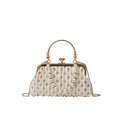 White pleated clutch with gold sequins, pearl chain and metal handles for women - White