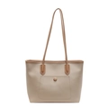 Grande borsa tote retrò beige con manici marroni e pratica tasca frontale esterna - Cachi